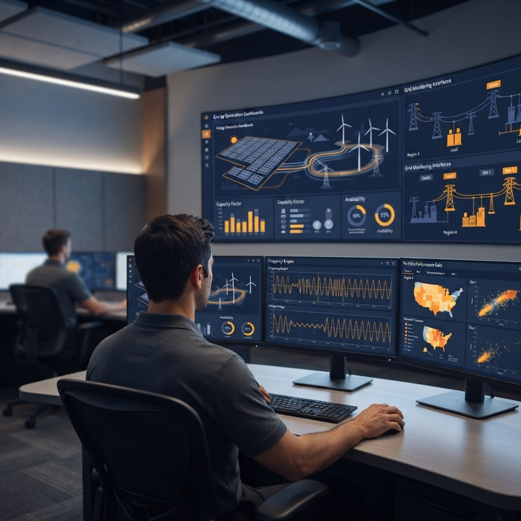 Clean energy asset management operations centre with monitoring dashboards